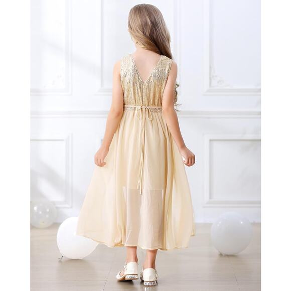 Sequin Dress Kids Elegant Sleeveless Sparkly Dress GOLD SIZE 8-9Y - Picture 5 of 5